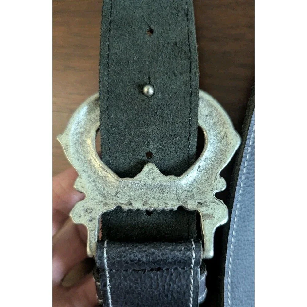 Vintage Italian Leather Belt Womens M Black Pebbled Ornate Pewter Buckle 34-38